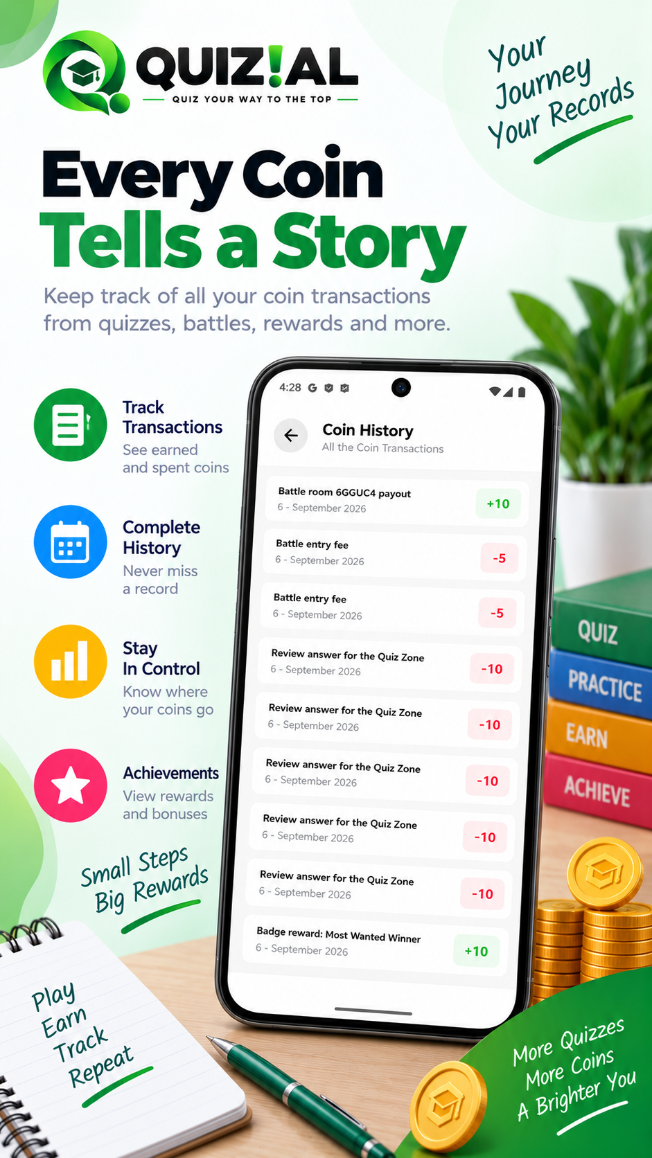 Quizial Coin History screen